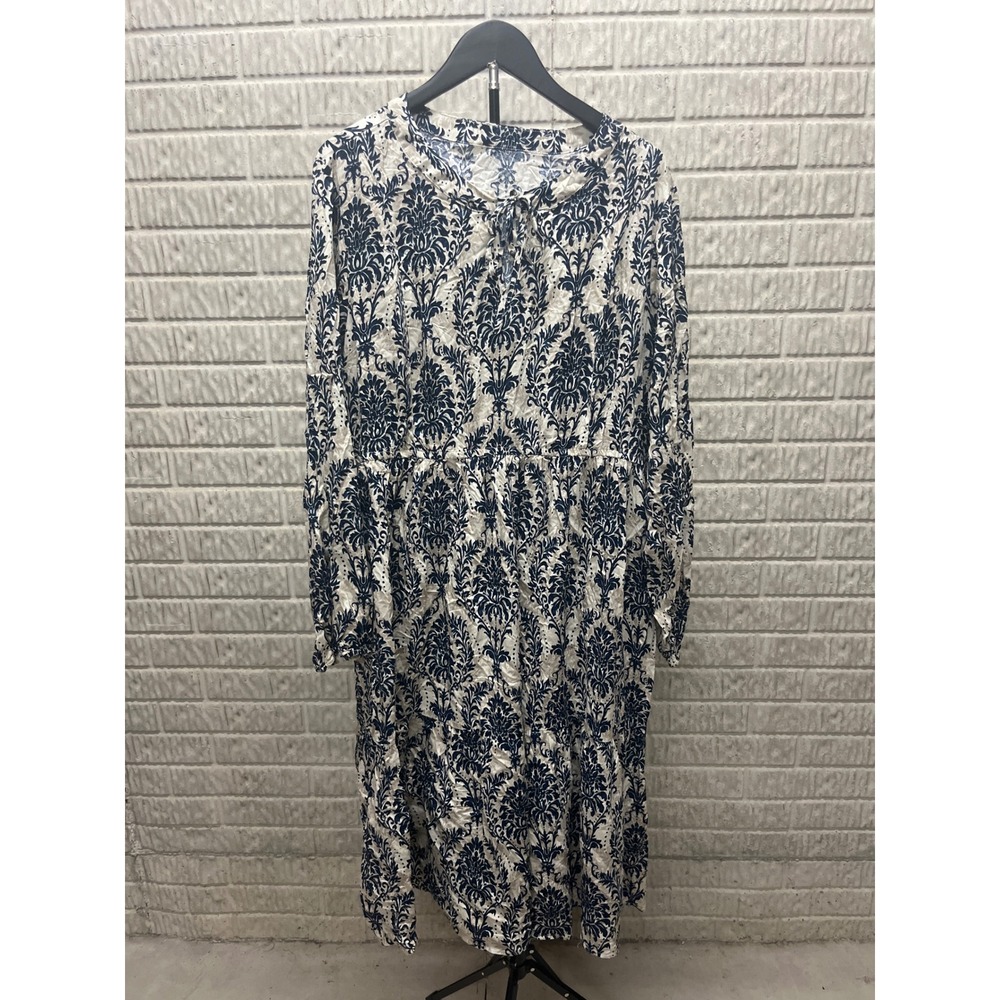 Cupshe‎ Navy Blue Cream Damask Print Tiered Midi Dress Tie Neck 3X DGA05A4L001TG